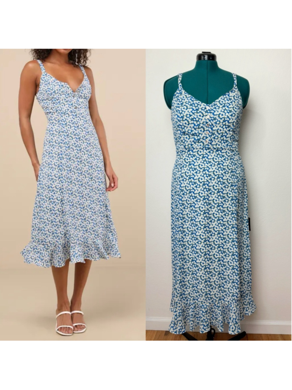 Women Lulus Blue White Floral Daisy Print Maxi Dress Large Cottagecore Soft girl